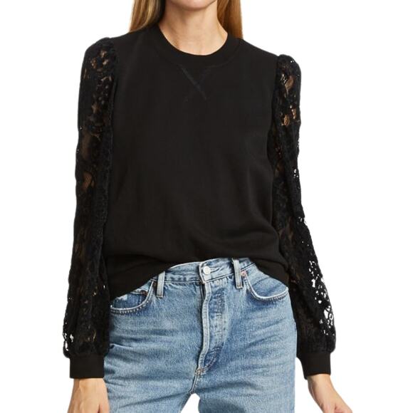 Cami NYC Sweatshirt Womens XS Black Risa Velvet Lace Cotton Whimsigoth Vamp - Picture 1 of 12